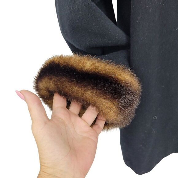 Vintage 80s Black Wool Coat 2X Faux Fur Hood Cuffs Button Front USA City Classic - Picture 8 of 11